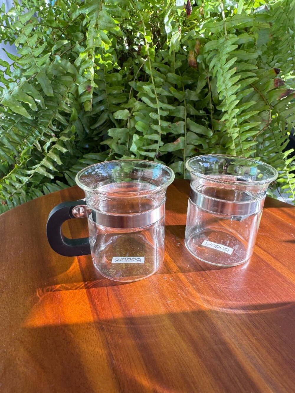 Set of 2 Vintage Bodum Clear Glass Espresso Cups with Black Plastic Handles